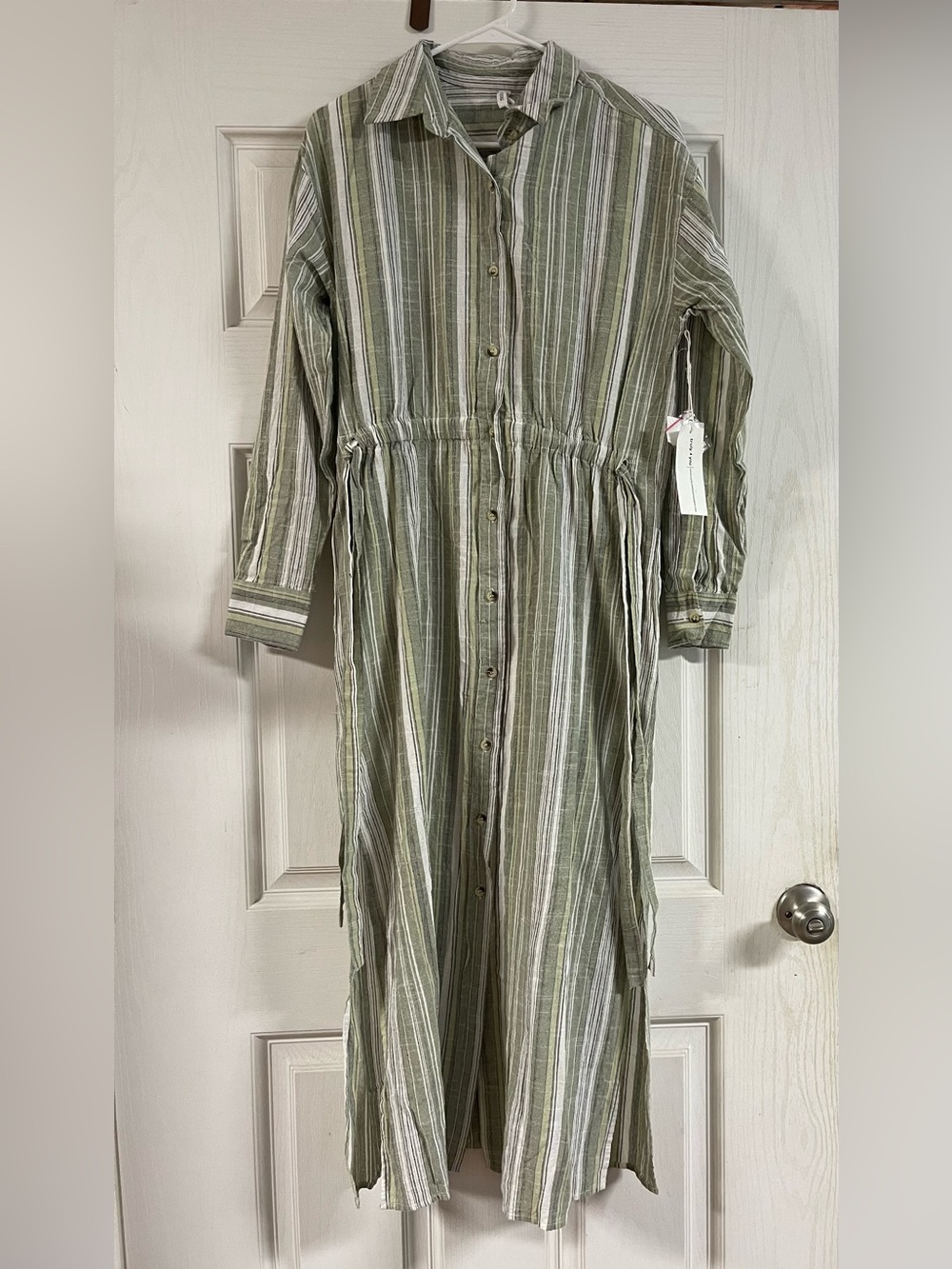 Olive Green Striped Button-Front Maxi Shirt Dress with Drawstring Waist